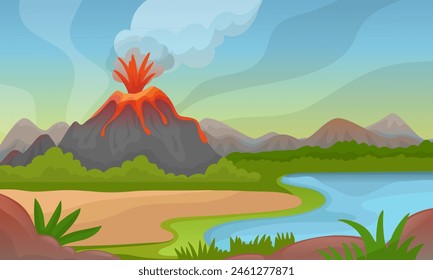 In: Volcano Eruption Landscape. Naturkatastrophe im grünen Tal. Fluss, Waldsilhouette und Berg mit Lava und Feuerbrunnen, neoterische Vektorgrafik Szene