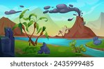 Volcano eruption landscape. Vector cartoon illustration of rocky mountain with flow or hot lava, cloud of smoke and black ashes above crater, green trees and grass near blue river, prehistoric scenery