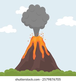 Volcano eruption with lava flowing down its slope