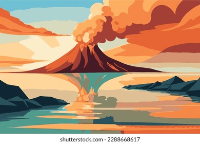 Volcano eruption, volcano with lava, vector illustration, cartoon presentation style. Modern vector illustration