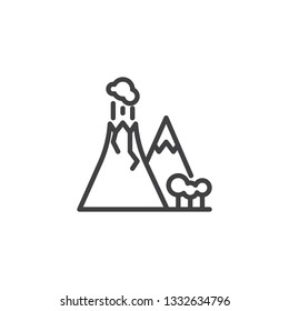 Volcano eruption line icon. linear style sign for mobile concept and web design. Volcano with smoke outline vector icon. Travel symbol, logo illustration. Pixel perfect vector graphics