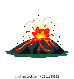 Volcano eruption with magma, smoke, ashes isolated on white background. Volcanic activity hot lava eruption - flat vector illustration