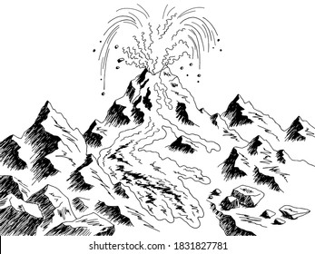 Volcano eruption mountain graphic black white sketch landscape illustration vector