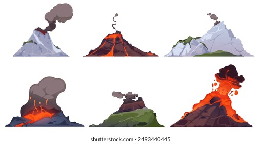 Volcano eruption. Mountains with fire lava explosion with smoke. Volcanic magma flow element for dangerous computer game landscape. Volcanoes vector isolated set.