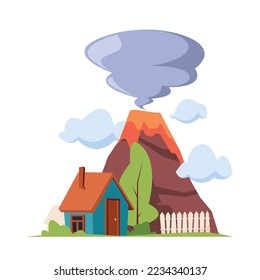 Volcano Eruption Natural Disaster. Environmental Situation with House Stand at Volcano Foot with Flowing Lava. Dangerous Catastrophe, Accident, Calamity. Cartoon Vector Illustration