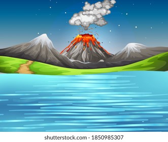 Erupción volcánica en la escena forestal natural en la ilustración diurna