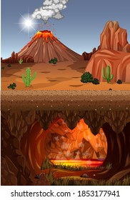 Volcano eruption in nature forest scene at daytime and infernal cave with lava scene illustration