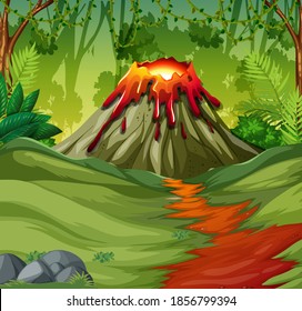 Volcano eruption in nature forest scene at daytime illustration