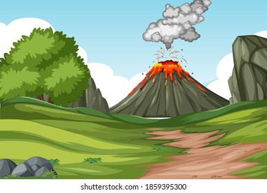 Volcano eruption in nature forest scene at daytime illustration