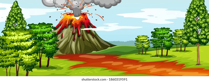 Volcano eruption in nature forest scene at daytime illustration