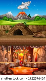 Volcano eruption in nature forest scene at daytime and cave scene and infernal cave scene illustration