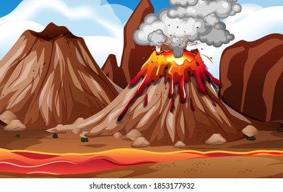 Volcano eruption in nature scene at daytime illustration