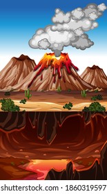 Volcano eruption in nature scene at daytime with lava in infernal cave scene illustration