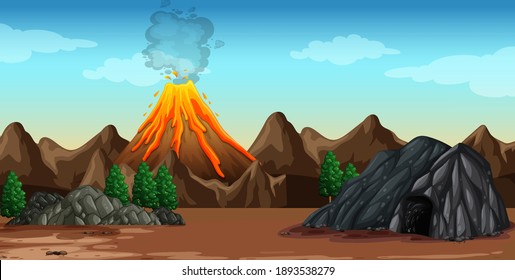 Volcano Eruption In Nature Scene Illustration