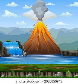Volcano eruption in a nature scene illustration