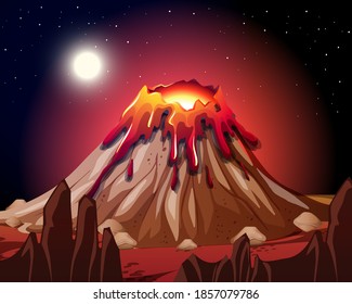 Volcano eruption in nature scene at night illustration