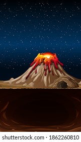 Volcano eruption in nature scene at night illustration