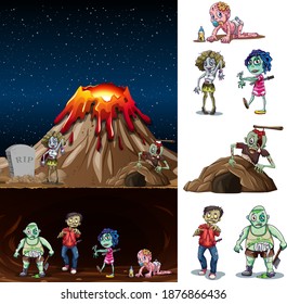 Erupción volcánica en la escena natural por la noche con la ilustración de zombis