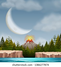 Volcano eruption night scene illustration