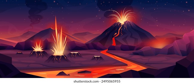 Volcano eruption on alien planet. Crazy red and golden streams of hot lava and magma erupt from craters of volcano, fantasy river of fire flowing over rocky surface cartoon vector illustration