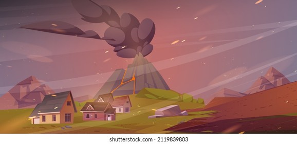 Volcano eruption scene with cottages covered with steam and ashes fall from volcanic crater. Natural disaster, apocalypse background with houses at rock foot under dark sky Cartoon Vector illustration