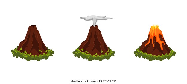 Volcano eruption set with magma and smoke in flat style. Natural disasters. Sleeping and erupting volcano isolated