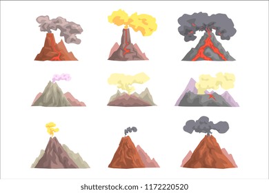 Volcano eruption set, volcanic magma blowing up, lava flowing down cartoon vector Illustrations