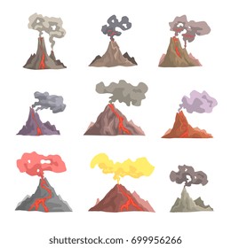 Volcano eruption set, volcanic magma blowing up, lava flowing down cartoon vector Illustrations