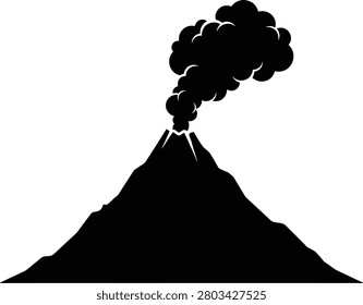 Volcano Eruption Silhouette Vector, Erupting Mountain With Smoke Cloud Icon, Lava Ash Disaster Logo Shape