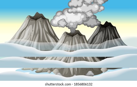 Volcano eruption in the sky with clouds scene at daytime illustration
