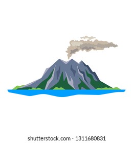Volcano eruption with smoke, ashes isolated on white background. Volcanic activity, sleeping volcano - flat vector illustration