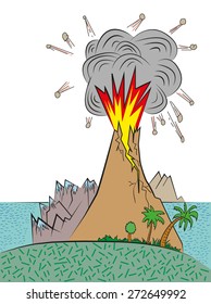Volcano eruption with smoke and erupting lava, vector cartoon.