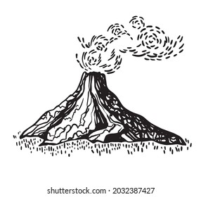 Volcano eruption with smoke in the sky. Hand drawn vector sketch in engraved style. Mountain doodle in monochrome minimalistic style. scribble illustration