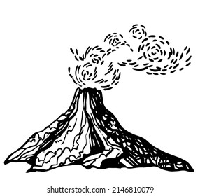 Volcano eruption with smoke in the sky. Hand drawn vector sketch in engraved style. Mountain doodle in monochrome minimalistic style. scribble illustration