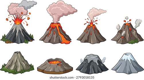 Volcano eruption stages cartoon set, active magma lava flow and dormant mountain vectors