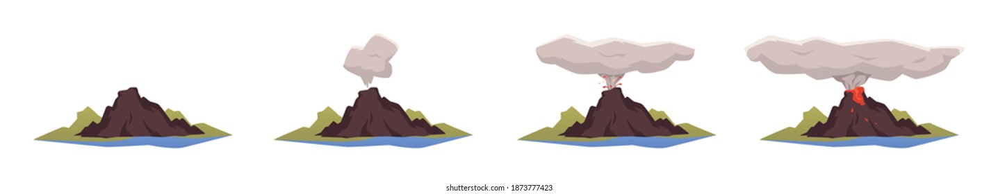 Volcano eruption stages - isolated set of mountain volcanoes smoking and erupting with lava. Vector illustration of volcanic explosion provess on white background