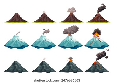 Volcano eruption stages. Volcanic mountain erupt animation, vulcano magma lava flowing down crater fire flame smoke ash cloud, natural disaster stage ingenious vector illustration