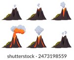 Volcano eruption steps isolated set. Vector graphic design illustration
