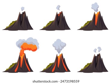 Volcano eruption steps isolated set. Vector graphic design illustration
