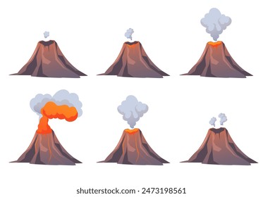 Volcano eruption steps isolated set. Vector graphic design illustration
