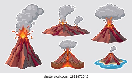 Volcano Eruption Sticker Collection Vector Set with Lava and Smoke