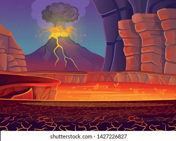 Volcano Eruption. Vector Cartoon Illustration.