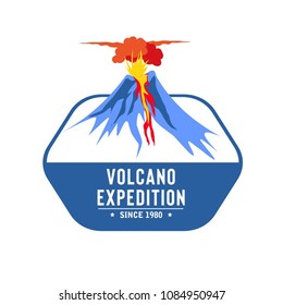 Volcano eruption vector illustration. Catastrophe vector illustration with hexagon shield and simple typography