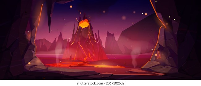 Volcano eruption view from cave, Halloween background with hell landscape, steaming magma flow down from volcanic mouth. Nature disaster, apocalypse with liquid drain, Cartoon Vector illustration