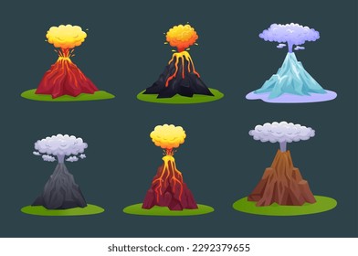 Erupción volcánica. Lava volcánica. Erupción de ceniza y magma. Explosión activa con humo y nubes en la montaña. Desastre natural. Conjunto de elementos paisajísticos. Ilustración de dibujos animados