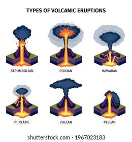 Volcano eruptions types isometric icons set including strombolian plinian hawaiian phreatic pelean isolated vector illustration