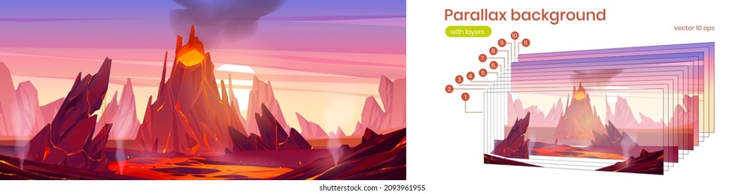 Volcano erupts with hot lava, fire and clouds of smoke at sunset. Vector parallax background for 2d animation with cartoon landscape with rocks and volcanic eruption with magma