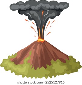 Vulkanexplosion Cartoon-Symbol. Heiße Lava und schwarzer Raucheffekt