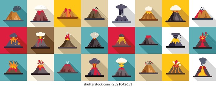 Ícones de explosão vulcânica definidos. Esta é uma coleção de várias ilustrações de vulcões em diferentes estados de erupção