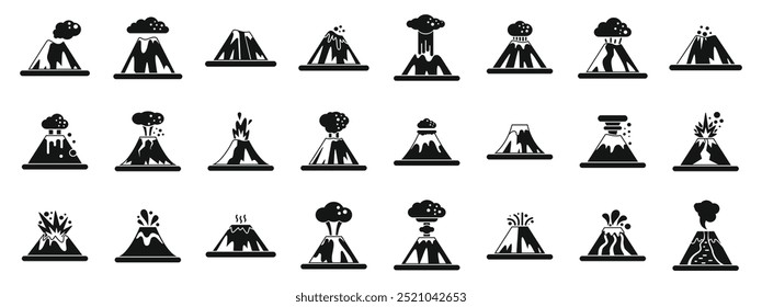 Ícones de explosão vulcânica definidos. Conjunto de vulcões em erupção com fumaça e lava escorrendo pelos lados